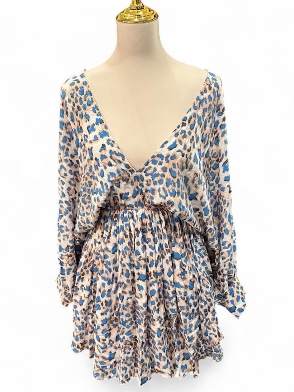 Glam V-Neck Blue & Beige Leopard Print Dress